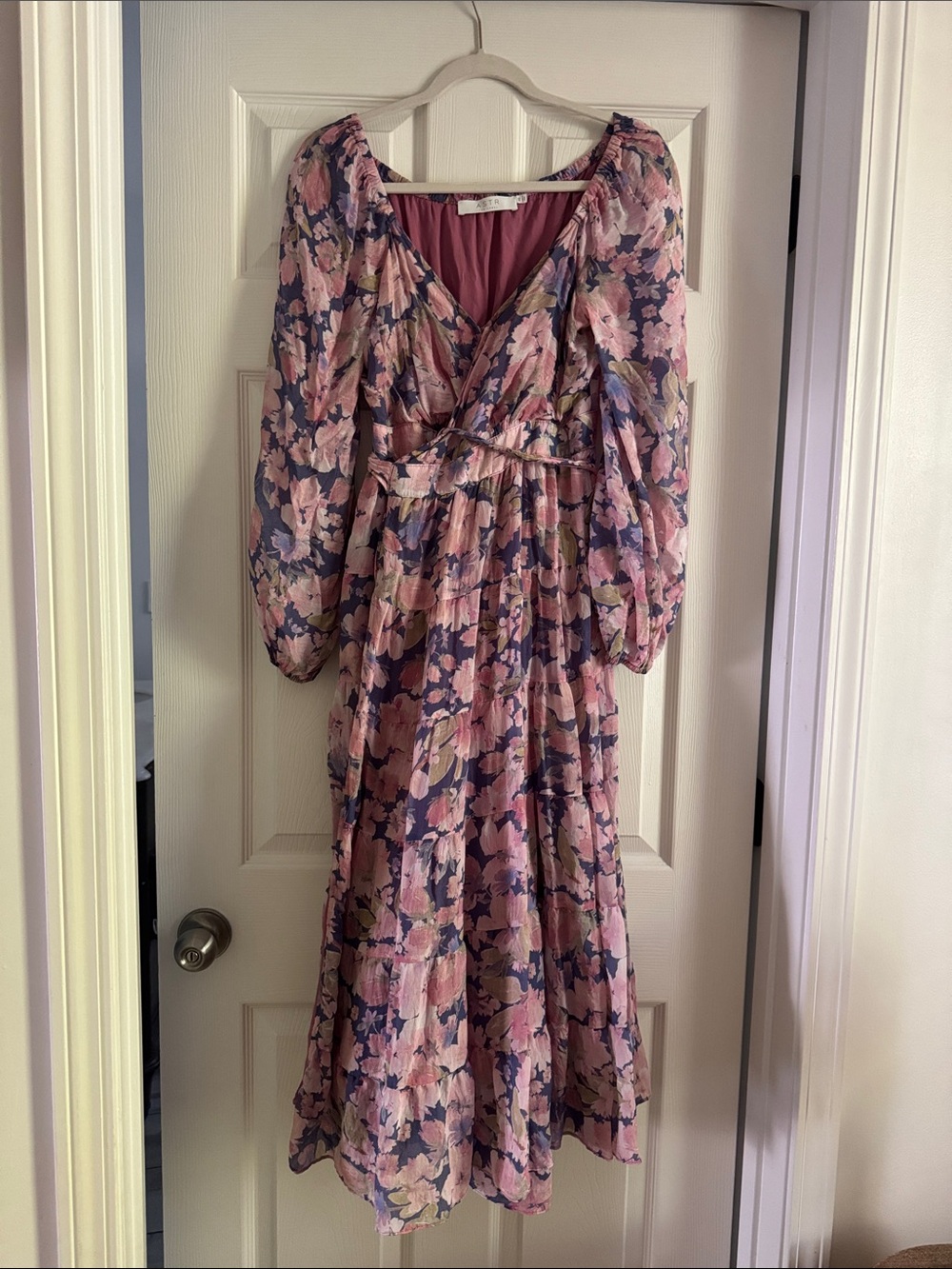 Astr Pink Floral Wrap Midi Dress with Puff Sleeves